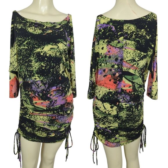 Julian Chang Abstract Art colorful Ruched Drawstring Mini Dress Dolman sleeves M - Picture 1 of 16